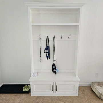 Custom Entryway Hall Tree Bench Cabinet with Center Partition and Shaker Drawers