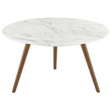 Lippa 28" Round Artificial Marble Coffee Table With Tripod Basewalnut White