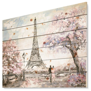 Designart Eiffel Pink Flowers Landscape Wood Wall Art 46x36