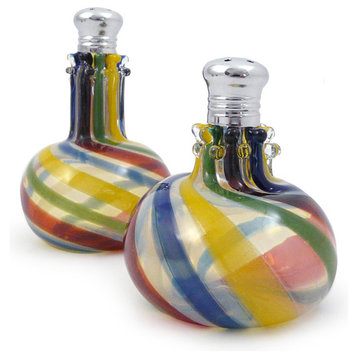 Set of 2 American Made Blown Glass Salt Pepper Shakers, Multicolor Swirl