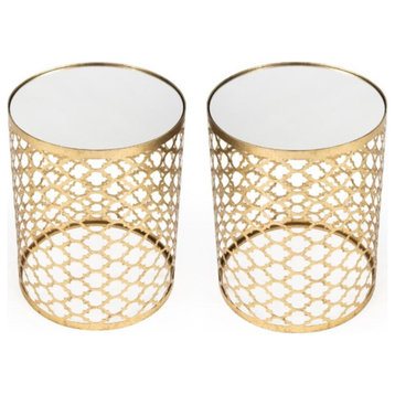 Home Square Metal Accent Table in Mirror and Gold - Set of 2