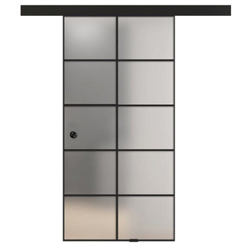 Frameless Industrial Style, Frosted Glass Sliding Barn Door with Black Hardware, 48"x84" Inches, Recessed Grip