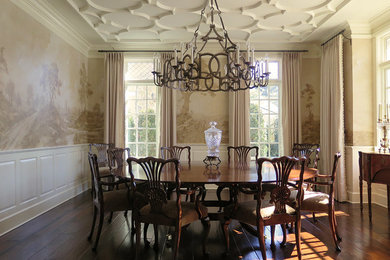 Enclosed dining room - large traditional dark wood floor and brown floor enclosed dining room idea in Chicago with beige walls