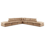 Meridian Furniture - Comfy Upholstered L-Shaped Modular Sectional, Tan, 7-Piece: 4 Armless Chair, 1 Corner Chair, 2 Ottoman, Vegan Leather - Give your space a whole new look with this tan Comfy vegan leather sectional. This handsome sectional fits nicely with other items in the Comfy collection and is a versatile seating option designed for adaptability, comfort and style. Wrapped in rich tan durable vegan leathered upholstery, this sectional offers a plush embrace of overstuffed down feather cushions, carefully crafted to deliver the highest level of comfort. The perfect seat for creating an oasis for relaxation, this sectional has thick foam surrounding its frame for added support and coziness.