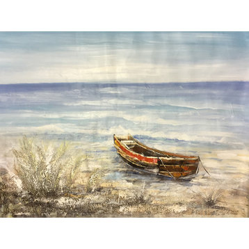 "Sea and A Boat" Hand Painted Oil Canvas Artwork; Modern Art; Fine Art