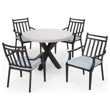 5 Pieces Patio Dining Set, Lightweight Concrete Top Table and Cushioned Chairs