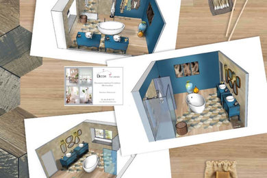 Inspiration pour une grande salle de bain minimaliste avec une baignoire posée, une douche à l'italienne, des carreaux de béton, un mur bleu, une vasque, un plan de toilette en bois, un plan de toilette bleu et meuble double vasque.