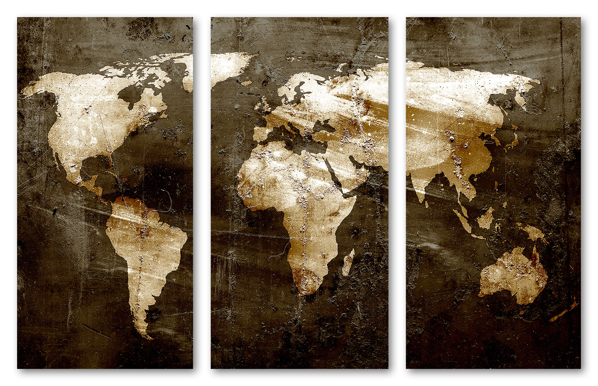 Rustic Brown World Map Canvas Print Wall Art - 3 Panel Split, Triptych ...