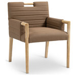 Meridian Furniture - Aimee Upholstered Dining Arm Chair, Brown, Vegan Leather, Natural - A perfect fusion of modern elegance and eco-friendly luxury is the Aimee brown vegan leather dining armchair. Upholstered in sleek vegan leather, this chair offers a chic, contemporary look while maintaining a commitment to sustainable living. The padded, quilted design featuring solid natural oak wood legs and armrests creates a stunning contrast between its soft upholstery and minimalist frame.