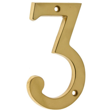 Genuine Solid Brass 4" House Number: #3, Polished Brass