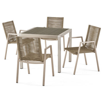 Lombard Outdoor Modern 4 Seater Aluminum Dining Set With Wicker Top, Gray/Taupe
