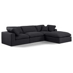 Meridian Furniture - Comfy Upholstered L-Shaped Modular Sectional, Black, 4-Piece: 1 Armless Chair, 2 Corner Chair, 1 Ottoman, Linen Textured Fabric - Give your space a whole new look with this black Comfy linen textured fabric sectional. This handsome sectional fits nicely with other items in the Comfy collection and is a versatile seating option designed for adaptability, comfort and style. Wrapped in rich black durable linen textured fabric upholstery, this sectional offers a plush embrace of overstuffed down feather cushions, carefully crafted to deliver the highest level of comfort. The perfect seat for creating an oasis for relaxation, this sectional has thick foam surrounding its frame for added support and coziness.