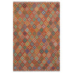 Bareens Designer Rugs - Modern Turkish Kilim Precious Hand-Woven Wool Rug - 5'8'' x 7'10'' - Elevate the elegance of your home with this stunning hand-woven tribal Kilim wool rug. Meticulously crafted on a loom by the Nomad Turkman people using hand-spun wool and 100% natural vegetable dyes, these rugs are recognized for their repetitive geometric patterns, incorporating naturalistic floral and traditional designs. The contemporary fashion palette results in bold, sharp patterns that are incredibly versatile, as the pattern is the same on both sides. These reversible rugs feature a lighter shade on one side and brighter colors on the other, providing versatility according to preference. These unique rugs are made by knotting short strands of different colors onto the warps and securing them by tightly pressing the wefts. The designs are created by interweaving the various colored wefts and warps. Kilims are known for their exceptional durability and versatility, making them truly unique rugs.  Product Details    Rug Size: 5'8'' x 7'10''  Material: 100% Wool  Style: Kilim, Flat Weave, Dhurrie, Turkish, Southwestern, Rustic, Tribal  Colors: Rust, Blue  Weave Type: Hand-Woven, Handmade  Pile Height: Less than 0.25 inch