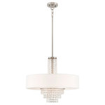 Livex Lighting - Chandelier With Clear Crystals and Off-White Fabric, Brushed Nickel - A contemporary style pendant from the Carlisle collection. The design features a brushed nickel housing and canopy, with hanging strands of beautiful clear crystal. A hand crafted off white fabric hardback drum shade surrounds the crystals and fixture frame, and creates a magnificently sophisticated look.