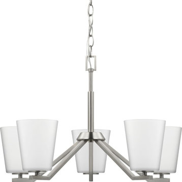 Vertex Collection Five-Light Brushed Nickel Etched White Contemporary Chandelier