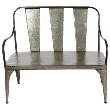 Farmhouse Outdoor Bench, Metal Construction, Slatted Back & Curved Arms, Silver