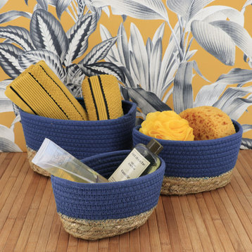 Elegant Navy Blue Cotton Storage Baskets Organizer Padang Bins Stackable
