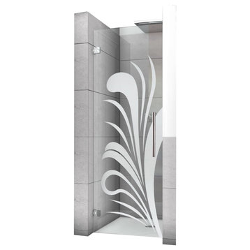 Hinged Alcove Shower Door With Palm Leaf Design, Non-Private, 24"x75" Inches, Left