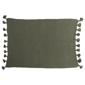 Cotton Knit Throw Blanket With Tassels, Olive Green