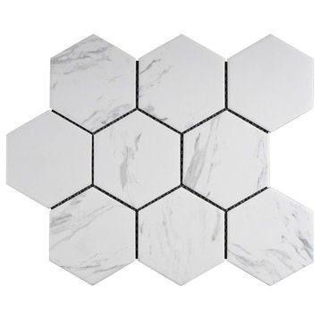 4 x 4 Hexagon Porcelain Mosaic Tile Backsplash, Satin, White