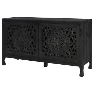 Traditional Storage Cabinet, 2 Doors With Unique Ornate Carved Mandalas, Black
