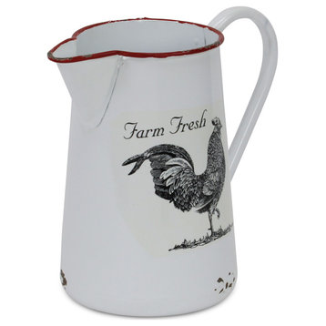 White Lacquered Metal Pitcher Decor With Chicken Decal