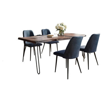 Five Piece Solid Acacia Dining Set with Upholstered Mid-Century Modern Chairs