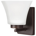 Generation Lighting Collection - Bayfield 1-Light Wall/Bath Sconce, Burnt Sienna - The Sea Gull Lighting Bayfield one light wall sconce in bronze is an ENERGY STAR qualified lighting fixture that uses fluorescent bulbs to save you both time and money. The Bayfield bath collection by Sea Gull Lighting delivers simplicity with flair. The transitional design is a subtle combination of clean lines and flared, angular Satin Etched glass shades to bring style and warmth to the bathroom no matter the budget. Offered in Chrome, Burnt Sienna and Brushed Nickel finishes, the bath lighting collection offers one-light, two-light, three-light and four-light vanity fixtures. Both incandescent lamping and ENERGY STAR-qualified LED lamping are available; all fixtures are California Title 24 compliant.