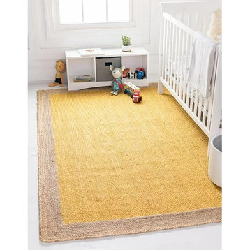 Farmhouse Area Rug, Pure White With Inner Yellow & Natural Border, 11' Square