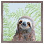 GreenBox Art + Culture - "Sloth With Fern" Mini Framed Canvas by Cathy Walters - A baby brown sloth standing amongst large fern leaves.