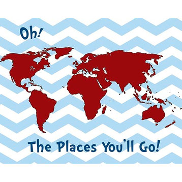 The Places You will Go - Blue Chevron Red, Ready To Hang Canvas Kid's Wall Decor