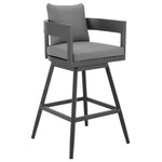 Armen Living - Menorca Outdoor Patio Swivel Counter Stool, Aluminum With Gray Cushions - Introducing the Menorca Outdoor Patio Swivel Bar or Counter Stool  a perfect blend of modern design and functionality meticulously crafted to enhance your outdoor entertaining space. This versatile stool seamlessly combines the sleek appeal of aluminum with plush cushions, creating a contemporary and enduring piece of outdoor furniture. Crafted with precision, the Menorca Outdoor Patio Swivel Stool boasts a robust aluminum frame, ensuring both durability and a sophisticated aesthetic that complements various outdoor settings. Available in both 26-inch and 30-inch heights, this stool caters to both bar and counter heights, providing versatility to suit your specific needs. The water-resistant and UV-resistant frame and fabric of the Menorca Stool make it a resilient choice for your outdoor space. Whether bathed in sunlight or facing unexpected rain, this stool stands as a steadfast and stylish seating solution for your patio or outdoor bar area. The inclusion of removable cushions adds an extra layer of comfort, inviting you to relax in style. The swivel feature enhances mobility, allowing you to effortlessly engage with your surroundings and providing convenience for dynamic outdoor gatherings. Whether you're sipping cocktails by the bar or enjoying a casual meal at the counter, the Menorca Swivel Stool offers a contemporary seating solution that seamlessly integrates into your outdoor lifestyle  where contemporary elegance meets the demands of modern outdoor living.