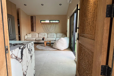 Example of a mid-sized l-shaped ceramic tile and white floor eat-in kitchen design in San Francisco with an integrated sink, quartzite countertops, multicolored backsplash, marble backsplash, stainless steel appliances, no island and multicolored countertops