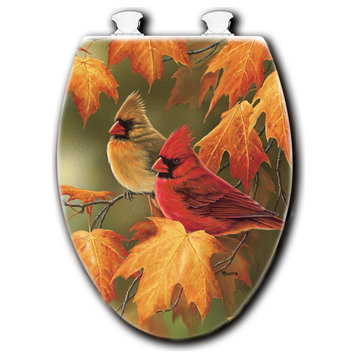 White Toilet Seat, Maple Leaves and Cardinals, Elongated