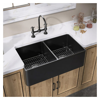 33In Black Double Bowl Farmhouse Kitchen Sink with Sink Grid and Basket  Strainer - Contemporary - Kitchen Sinks - by GETPRO E-COMMERCE INC | Houzz