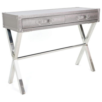 Elegant Console Table, Stainless Steel Legs & Silver Faux Lizard Skin Cover