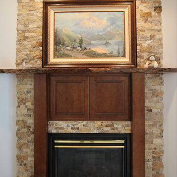 Stacked Stone Fireplace Update with LIve Edge Cherry Mantel