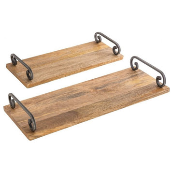 Wood Rectangular Cheeseboards Scroll Arms Set Of 2 In Mango Wood/Antique