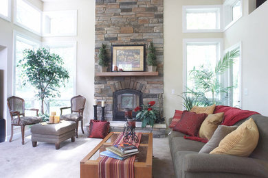 Mid-sized elegant open concept family room photo in Detroit with white walls