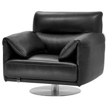 Modern Tampa Swivel Armchair in Black Genuine Leather with Stainless Steel Base