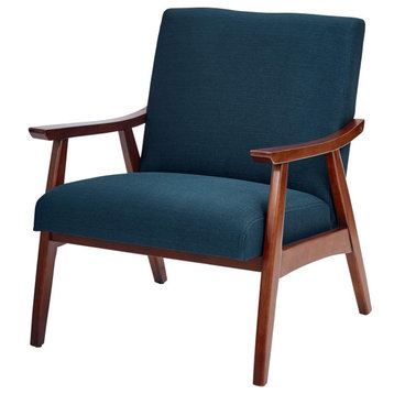 Mid Century Armchair, Wooden Frame With Cushioned Seat and Back, Azure Blue