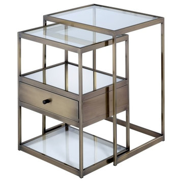 Acme 2-Piece Nesting Tables Set in Antique Brass and Clear Glass 84470