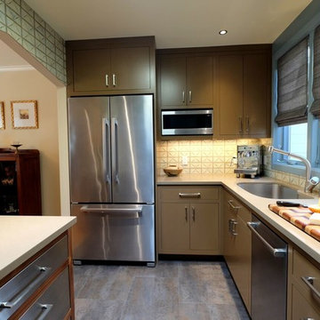 Omega Inset cabinets custom paint and full access island in walnut