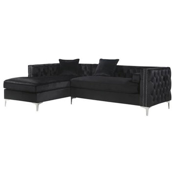 Chesterfield Sectional Sofa, Rich Black Velvet Seat With Nailhead, Right Facing