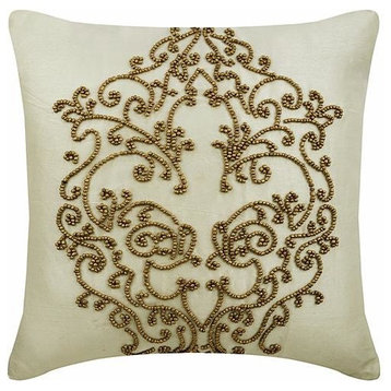 Ivory Pillow Cover, Gold Bead Baroque Damask 18"x18" Silk, Gold Wedding