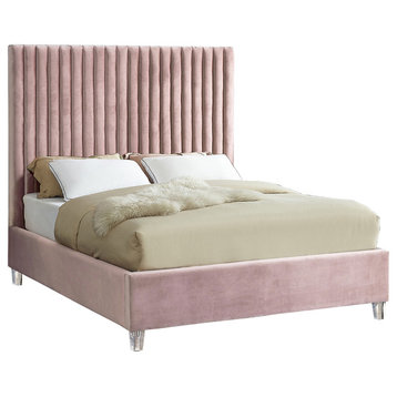 Candace Velvet Upholstered Bed, Pink, Queen