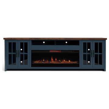 Blue Denim and Barnwood Brown Finish Solid Wood Fireplace TV Stand