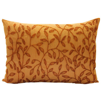 Leaf Design Orange Lumbar Pillow Cover, 12"x22" Silk Lumbar Pillow Cover, Juicy