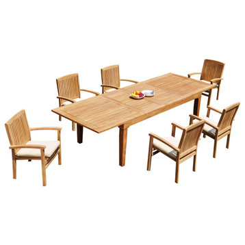 7-Piece Outdoor Teak Dining Set: 122" Rectangle Table, 6 Wave Stacking Arm Chair