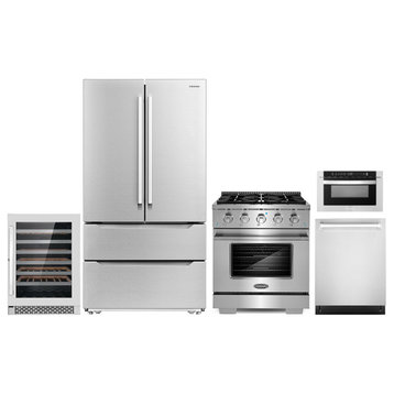 5PC, 24" Microwave 30" Range 24" Dishwasher, Refrigerator & Wine Refrigerator